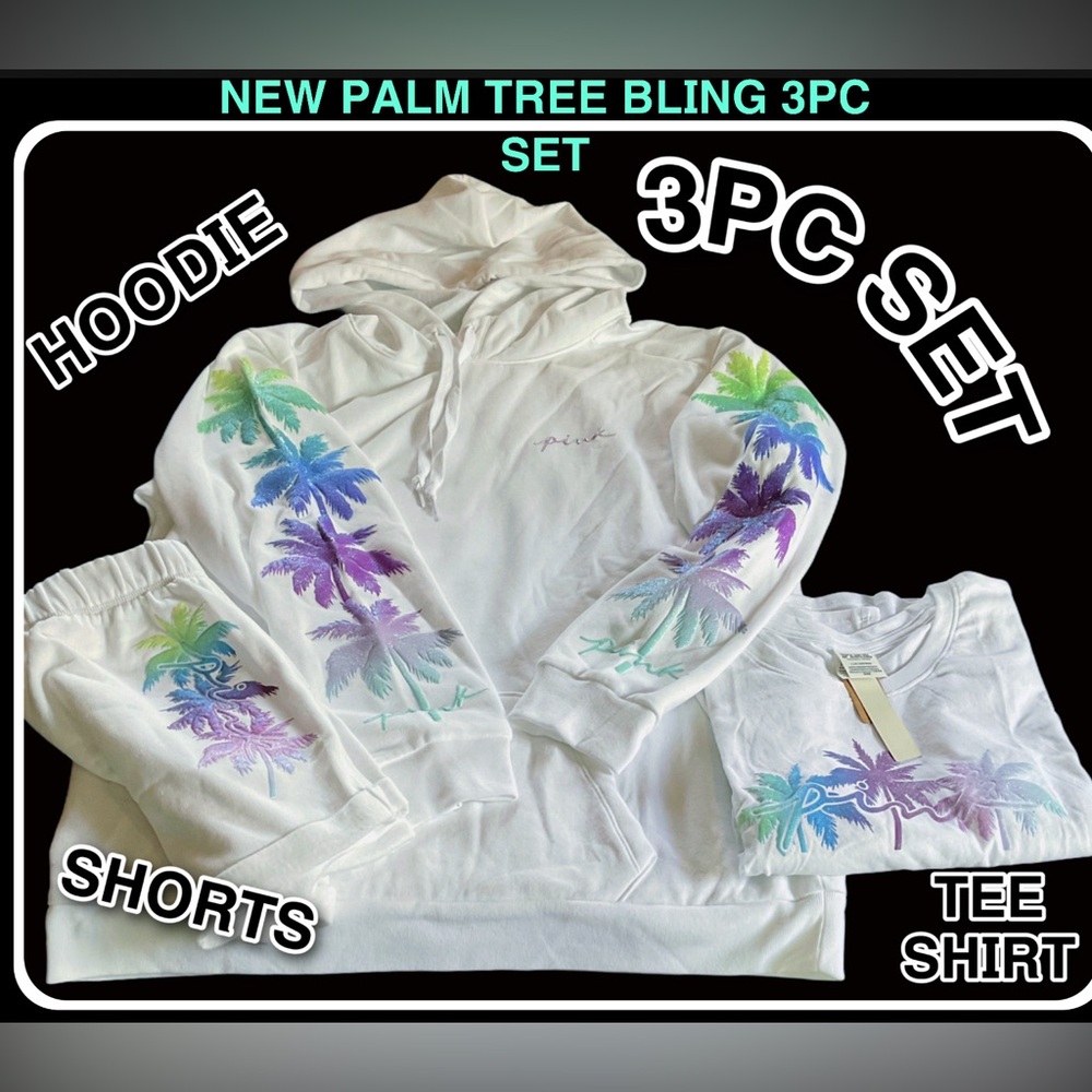 NEW LOT 3 VICTORIAS SECRET PINK BLING PALM TREE HOODIE, SHORTS & TEE SHIRT LARGE - Picture 1 of 16